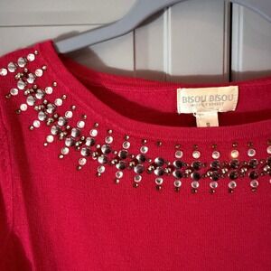 Bisou Bisou Y2K Women's Jeweled Boat Neck Long‎ Sleeve Sweater,Red,S